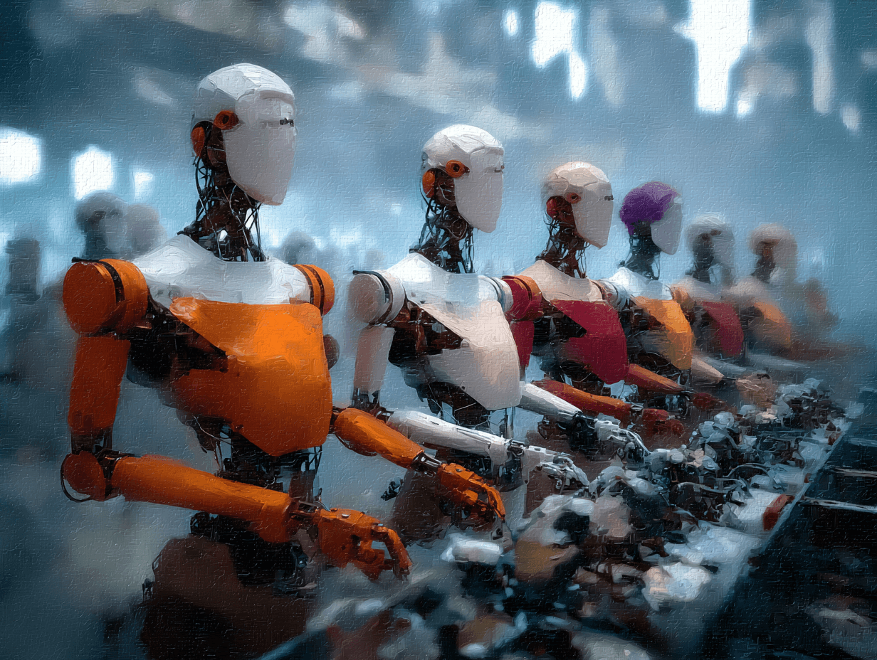 Ein digitales Gemälde zeigt eine Reihe humanoider Roboter mit schlanken weißen und orangefarbenen Körpern, die an einer Montagelinie arbeiten. Ihre mechanischen Rahmen sind teilweise sichtbar, und der Hintergrund verblasst in eine neblige industrielle Umgebung, die Themen wie Automatisierung, Massenproduktion und die verschwommene Grenze zwischen Maschine und Arbeiter anspricht.