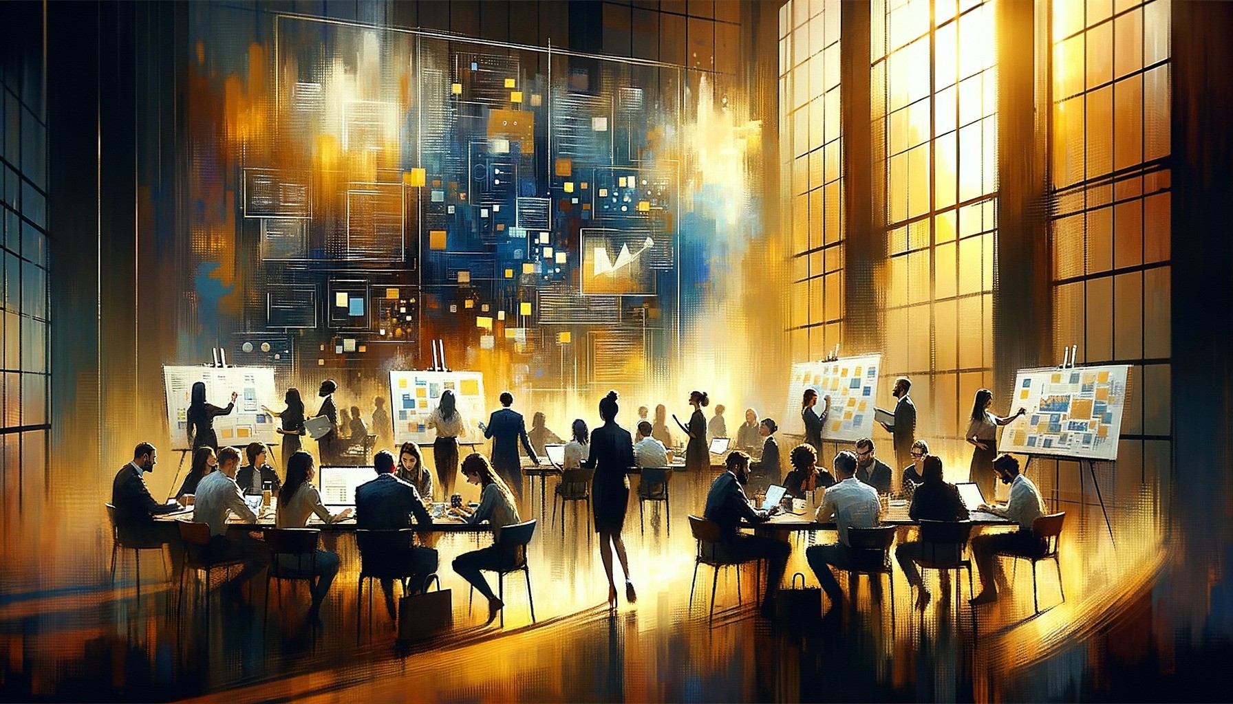 Ölgemälde eines Teams bei der Projektarbeit an einem Tisch mit Boards und leuchtenden Bildschirmen im Morgenlicht