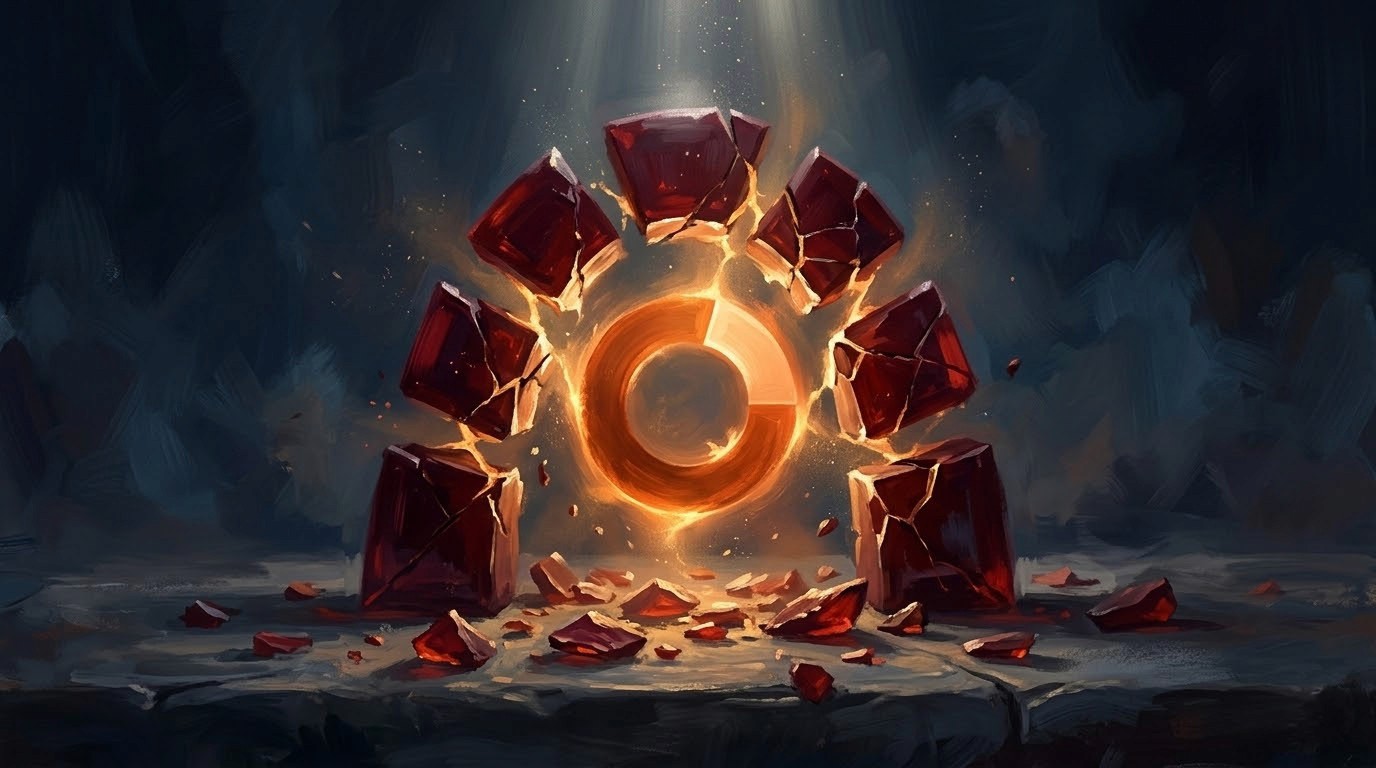 Oelgemaelde eines aufgebrochenen dunkelroten Redmine-Kristalls aus dem das warmgoldene Leadtime-Logo hervorbricht