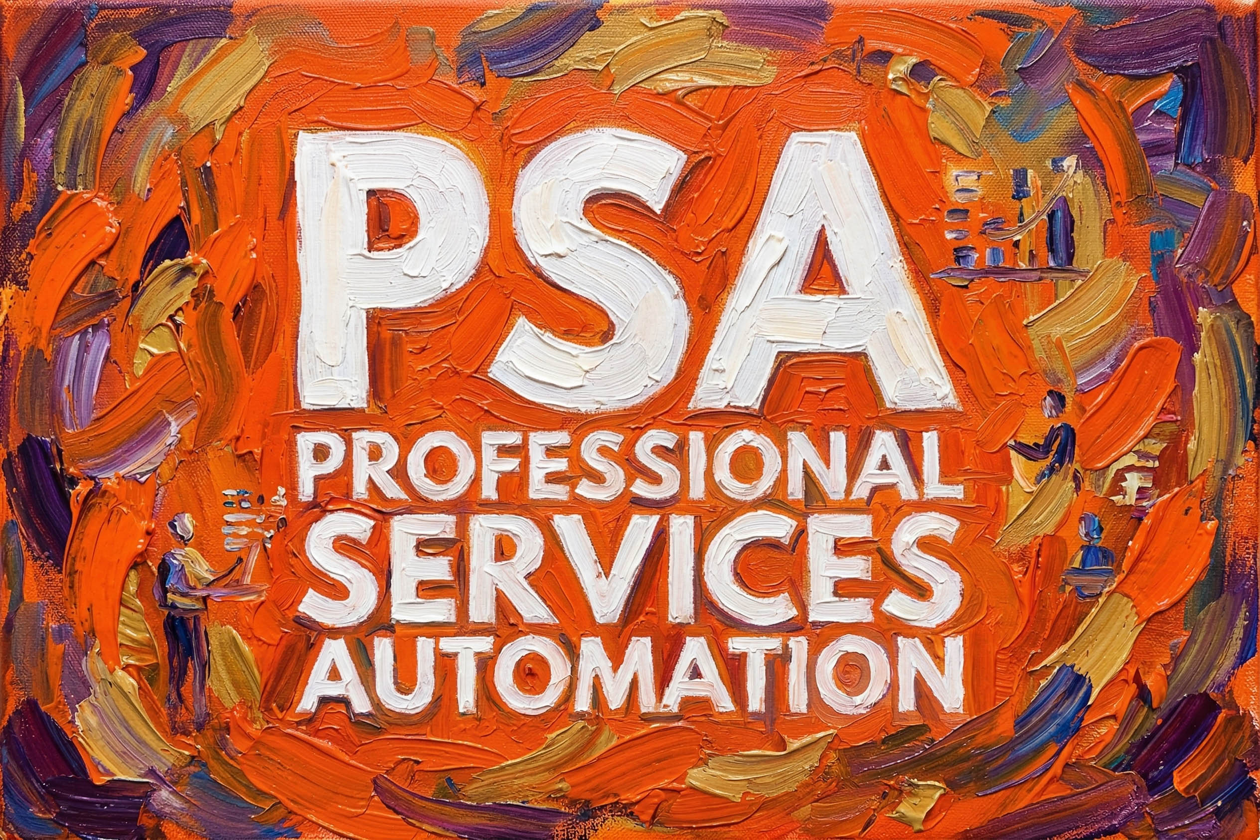 Abstraktes Ölgemälde mit PSA Professional Services Automation in weißer Schrift auf orangem Hintergrund
