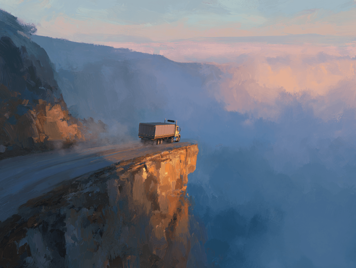 Ein digitales Gemälde zeigt einen großen Lastwagen, der prekär am Rand einer steilen Klippe steht, umgeben von Nebel und Bergen, die im sanften Morgenlicht getaucht sind. Die Szene evoziert Spannung und Isolation und kontrastiert das fragile Gleichgewicht des Lastwagens mit der weiten, verschwommenen Ausdehnung darunter.