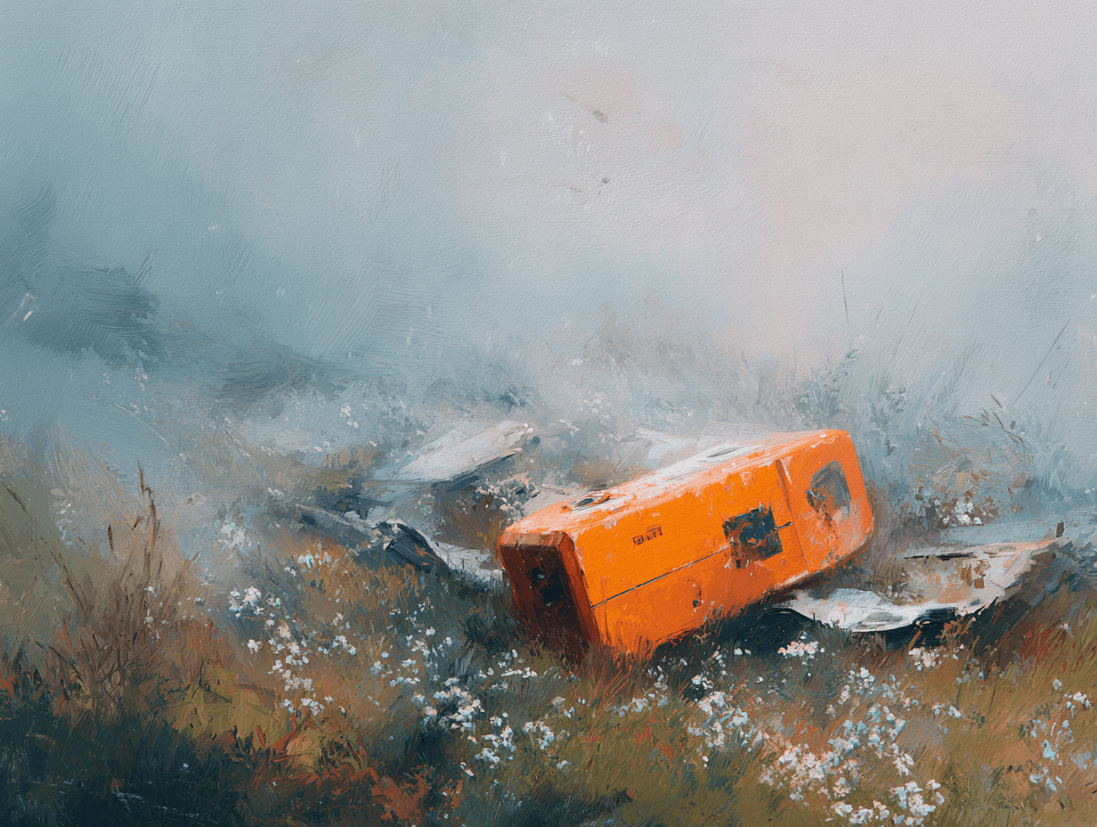 Ein realistisches digitales Gemälde zeigt eine orangefarbene Black Box, die in einem nebligen Feld zwischen verstreutem Trümmermaterial und Wildblumen liegt. Die Szene, die in sanften blauen und erdigen Tönen gestaltet ist, weckt eine ernste Atmosphäre der Nachwirkungen, der Untersuchung und der stillen Widerstandsfähigkeit nach einer Katastrophe.