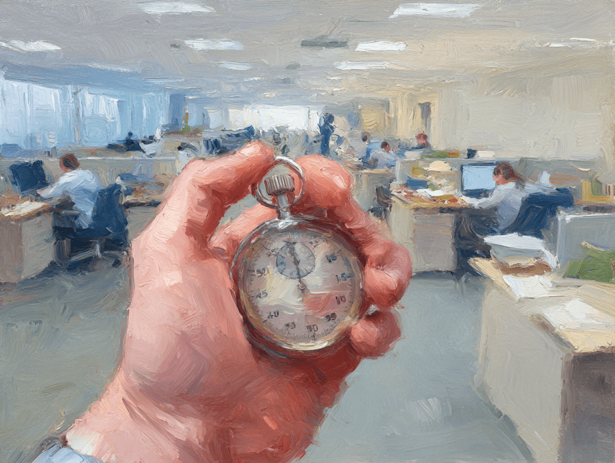 Ein impressionistisches Ölgemälde zeigt eine Hand, die eine Stoppuhr im Vordergrund eines belebten Großraumbüros hält. Menschen sitzen an Schreibtischen mit Computern, Papieren und Büromaterialien. Die sanften Pinselstriche und gedämpften Farben vermitteln ein Gefühl von Zeitdruck in einem Unternehmensumfeld.