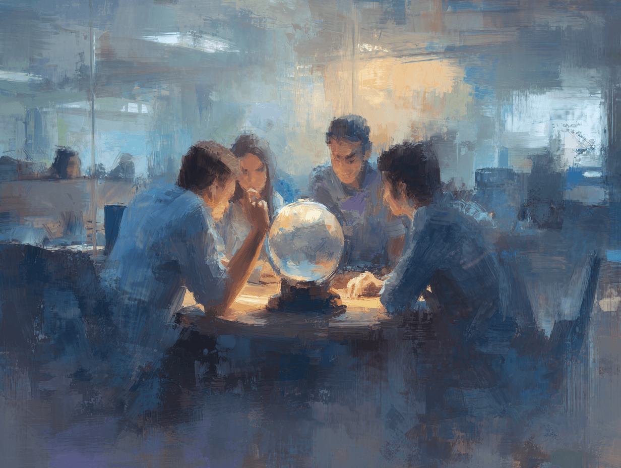 Ein impressionistisches digitales Gemälde zeigt vier Personen, die um einen Tisch sitzen und aufmerksam einen leuchtenden Globus studieren. Sanfte Blau- und Bernsteintöne schaffen eine Atmosphäre von Fokus und Zusammenarbeit, die Teamarbeit, globale Strategie oder gemeinsames Entdecken in einem büroähnlichen Umfeld andeuten.
