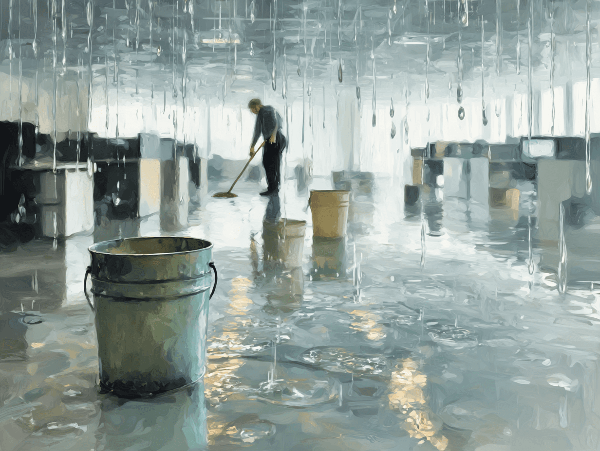 Ein digitales Gemälde zeigt eine Person, die den Boden eines überfluteten Büros wischt. Wasser tropft von der Decke, und mehrere Eimer sind verstreut, um die Lecks aufzufangen. Die Szene, in sanften Grau- und Blautönen gemalt, vermittelt ein Gefühl von ruhiger Beharrlichkeit inmitten von Chaos und Zerstörung.