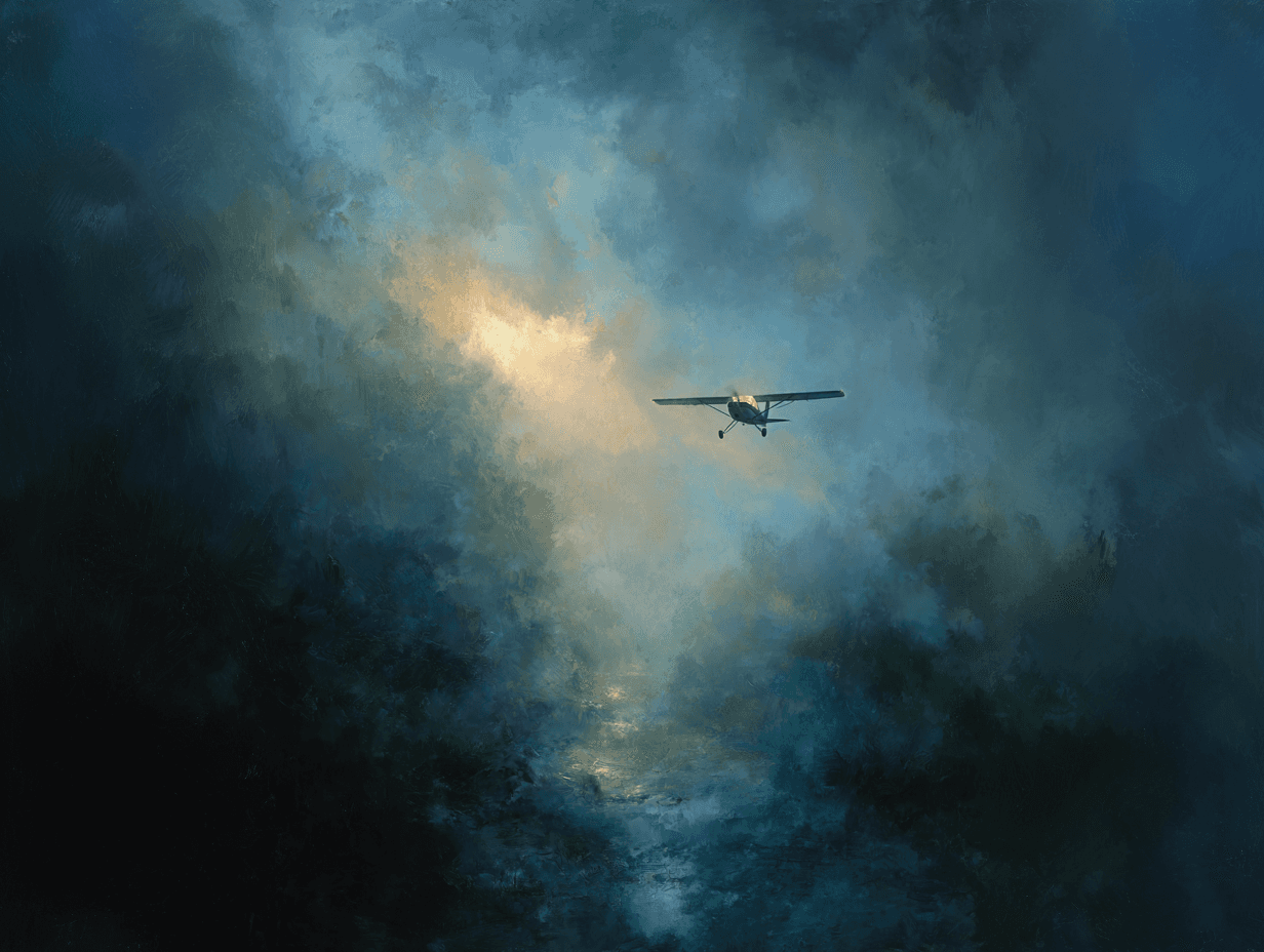 Ein kleines Flugzeug fliegt durch einen stürmischen Himmel, der von einem goldenen Lichtstrahl erleuchtet wird. Die dunklen Blau- und Grautöne des Gemäldes stehen im Kontrast zu dem warmen Glühen voraus, das Hoffnung, Orientierung und Durchhaltevermögen inmitten von Unsicherheit und Turbulenzen symbolisiert.