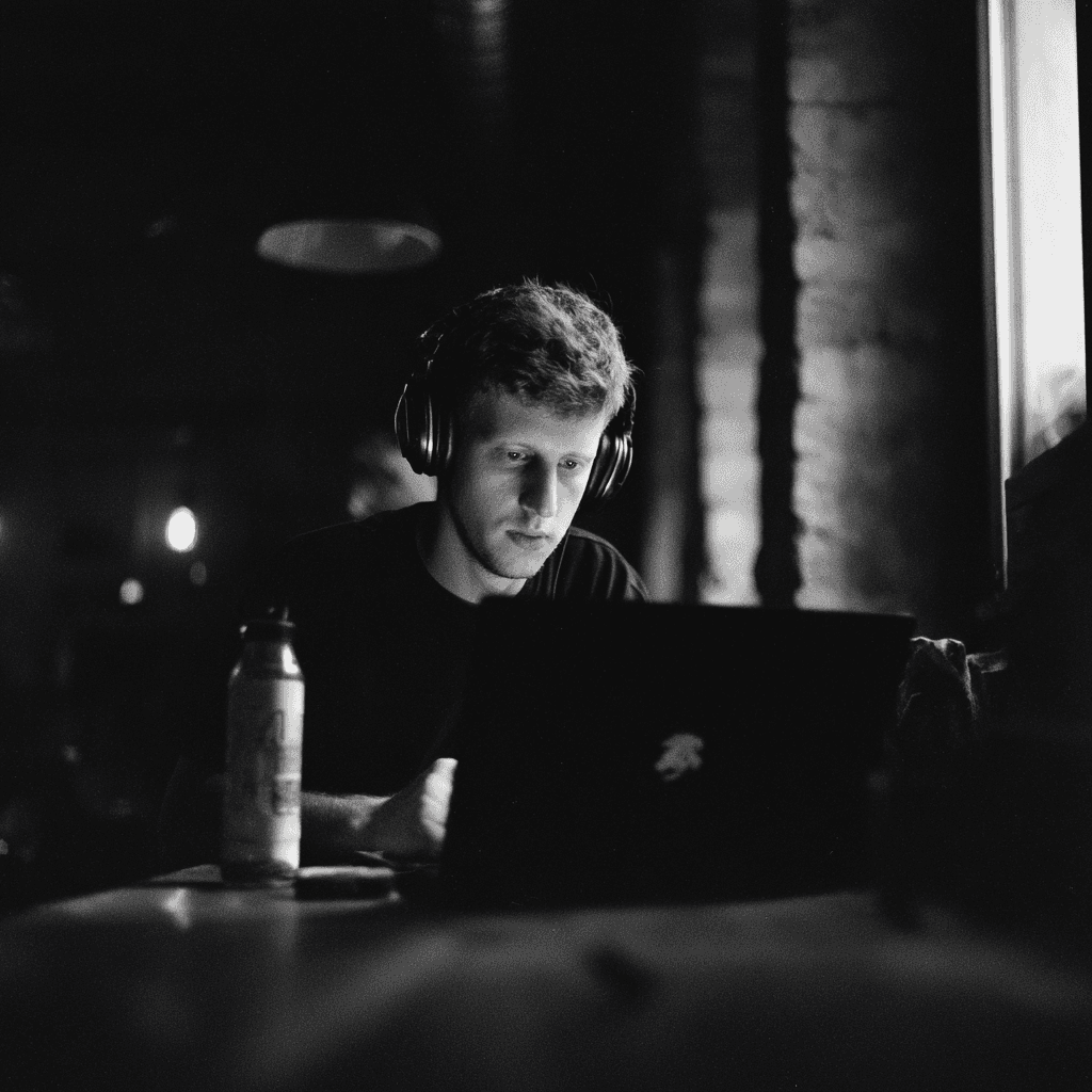 Person with headphones typing on a desktop