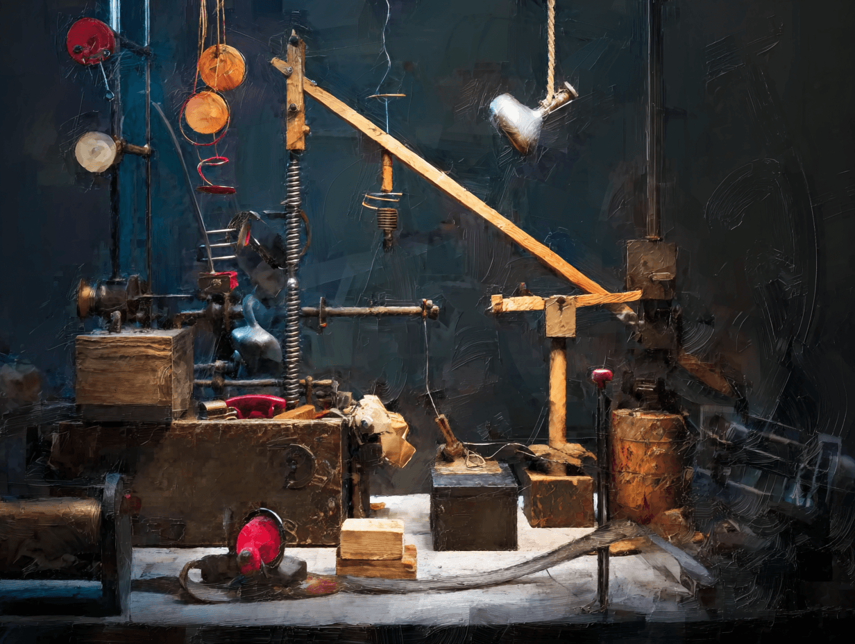 Eine detaillierte digitale Malerei zeigt eine komplexe, improvisierte Maschine, die aus Holz, Metall, Federn und Hebeln gebaut ist. Das Gerät ähnelt einem Rube-Goldberg-Apparat, der von einem einzelnen Licht beleuchtet wird und eine Stimmung von Erfindung, Experimentieren und mechanischer Neugier in einer schwach beleuchteten Werkstatt hervorruft.