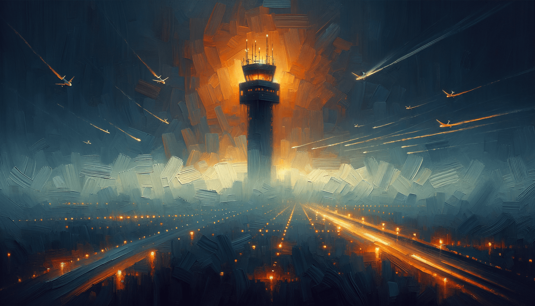 Oelgemaelde eines einsamen Kontrollturms der orange leuchtet im dichten Nebel mit kreuzenden Flugzeuglichtern