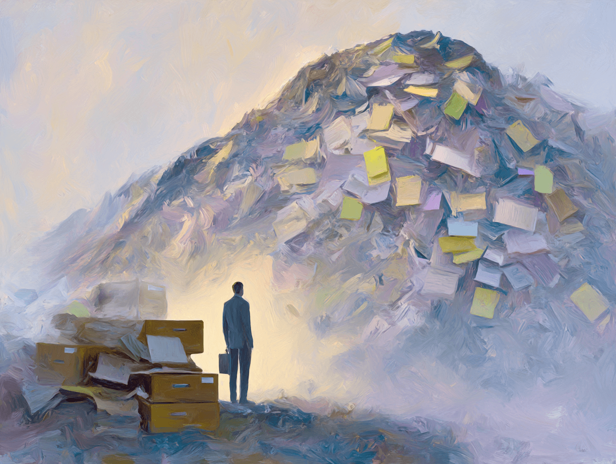 Ein impressionistisches digitales Gemälde zeigt eine einsame Figur in Anzug, die vor einem riesigen Berg aus Papier und Haftnotizen steht. Aktenschränke und verstreute Dokumente umgeben die Person und symbolisieren Überwältigung, Bürokratie und den Kampf gegen eine Lawine administrativer Verwüstung.