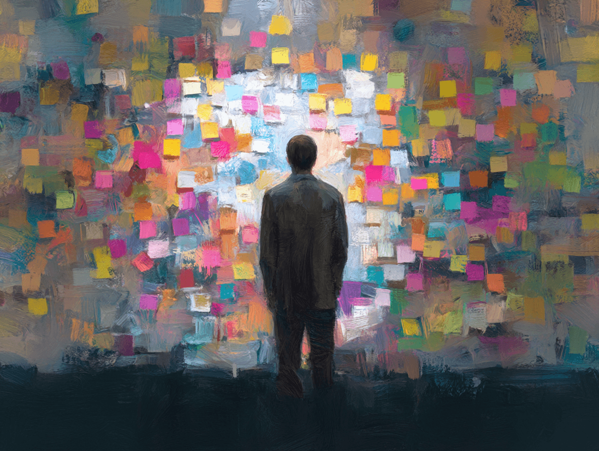 Ein impressionistisches Gemälde zeigt eine Person, die vor einer Wand steht, die mit Hunderten von bunten Haftnotizen bedeckt ist. Die Figur, von hinten betrachtet, steht vor einem chaotischen, aber lebhaften Mosaik aus Ideen, das Kreativität, Überwältigung oder strategische Planung in einem Ausbruch von Farbe und Energie symbolisiert.